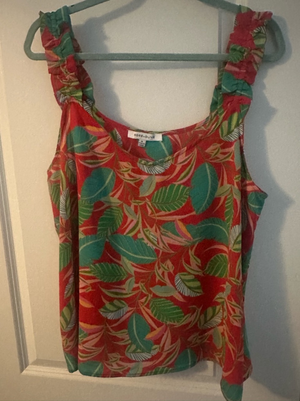 Rose & Olive Red Tropical Leaf Ruffle Strap Camisole